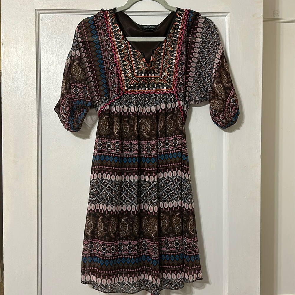 Boho Print Lined Tie-Back Dress - Size Small